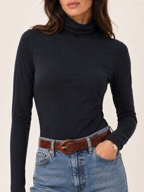 Theory Navy Mock Neck Bodysuit Quiet Luxury‎ Capsule Wardrobe Small